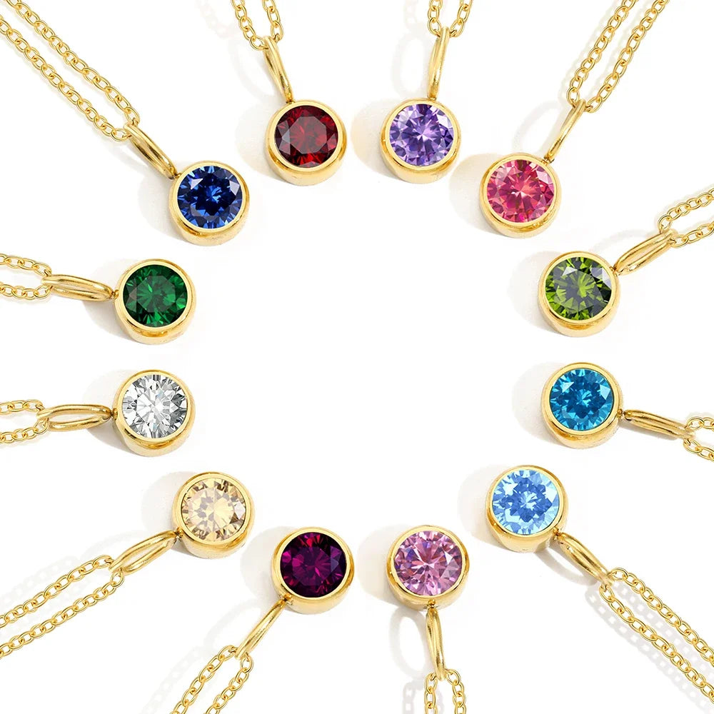 Stainless Steel Choker Neck Women'S Necklace 12 Birthstone Pendant Zirconia Pendants Accessory Anniversary Jewelry Birthday Gift
